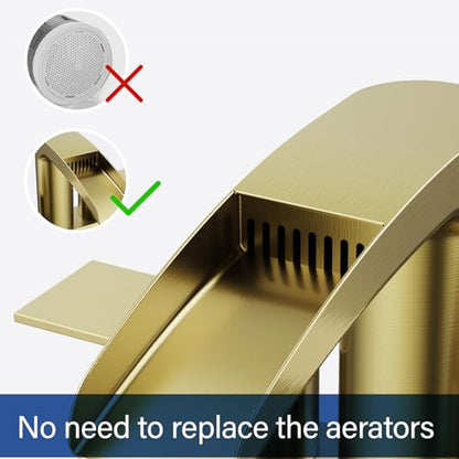 Bathroom Sink Faucet for 3 Hole, Hurran 4 Inch Faucets with Pop-up Drain, Stainless Steel 2-Handle Waterfall Faucet for Bathroom Sink, Brushed Gold - color: Brushed Gold