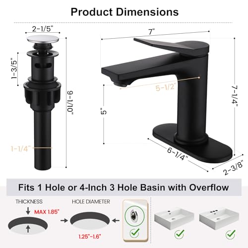Rbrohant Single Hole Bathroom Faucet, Matte Black Single Handle Bathroom Sink Faucets for 1 Hole, Bathroom Vanity Faucet with Pop up Drain and Cover Plate, Deck Mount, R2001-MBP - color: Matte Black, style: With Escutcheon