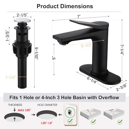 Rbrohant Single Hole Bathroom Faucet, Matte Black Single Handle Bathroom Sink Faucets for 1 Hole, Bathroom Vanity Faucet with Pop up Drain and Cover Plate, Deck Mount, R2001-MBP - color: Matte Black, style: With Escutcheon