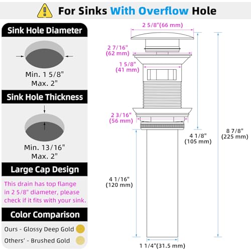 Angle Simple Bathroom Sink Drain Stopper, Pop Up Design, Polished Deep Gold | Brass Stopper with Stainless Steel Tailpiece, Only for Sink with Overflow Hole, Fit 1.61 to 2 Inches Diameter of Drain Hole - color: Deep Titanium Gold