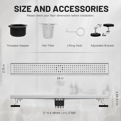 Tile Insert Linear Shower Drain,24 inch with Brick Pattern Grate | Brushed Nickel,Stainless Steel,Easy to clean,Fast Drainage to Avoid Standing Water,Fast Drainage,Prevents Sewer Backflow - color: Brushed Nickel, size: 24 Inch