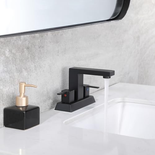 Friho Matte Black Bathroom Sink Faucet, 4 inch Bathroom Faucets for Sink 3 Hole with Water Hoses and Pop up Drain，Stainless Steel 2-Handle Centerset Bathroom Faucet for Vanity RV Restroom, FR2DST201B - color: Black