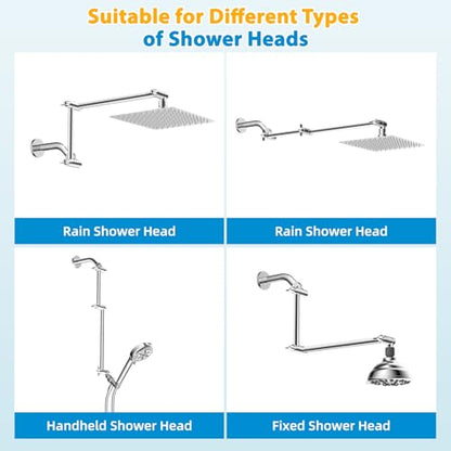 All-Metal 16" Shower Head Extension Arm, G1/2" Universal/Adjustable, Chrome | Flexible Brass Shower Head Extender Adjustable Height/Angle, Stainless Steel Rain Shower Pipe Height Extended with Lock Joint - color: Chrome, size: 16 Inch