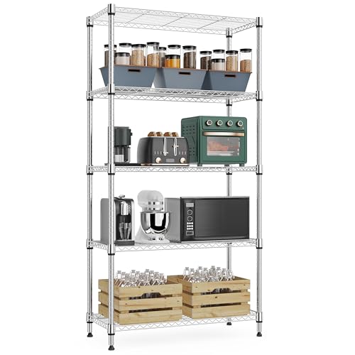 M MZG 1250 lbs 5 Tier Shelf Metal Storage Shelves Wire Rack Closet Organizers with Wheel for Garage Kitchen Bathroom Laundry Chrome 13.7" D x 23.6" W x 62.4" H - color: Chrome, size: 5 tiers, 13.7"D x 23.6"W x 62.4"H