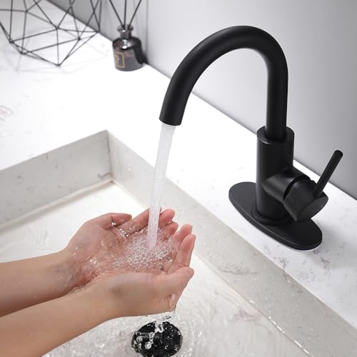 Black Bathroom Faucet | Matte Black Vanity Faucets with Pop-Up Drain, Modern Single Hole Bathroom Sink Faucets with Deck Plate Single Handle Lavatory Faucet 360° Swivel Spout Bar Sink Faucet - color: Black