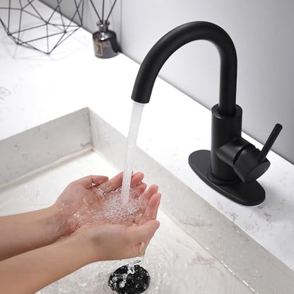 Black Bathroom Faucet | Matte Black Vanity Faucets with Pop-Up Drain, Modern Single Hole Bathroom Sink Faucets with Deck Plate Single Handle Lavatory Faucet 360° Swivel Spout Bar Sink Faucet - color: Black