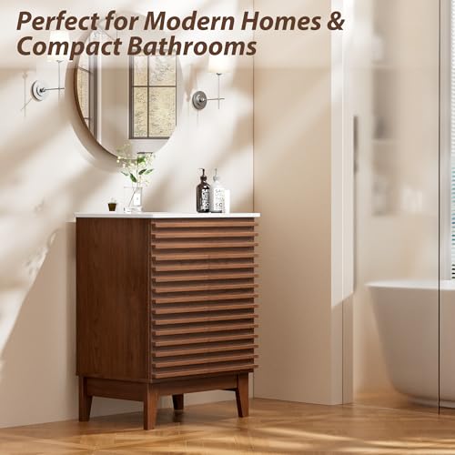 APRILSOUL 24" Bathroom Vanity with Ceramic Sink, Mid-Century Bathroom Vanity Cabinet with 2 Soft Closing Doors, Freestanding Bathroom Vanity, Particleboard Frame with Wood Grain Laminate, Walnut - color: Walnut/ White Sink, size: 24 Inch