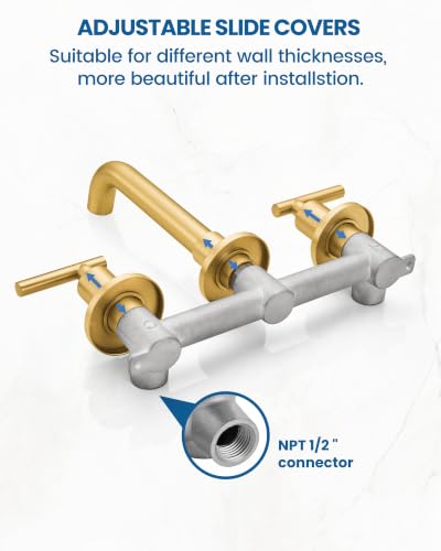 Airuida Wall Mounted Bathroom Sink Faucet,Brushed Gold Vanity Sink Faucet | Lever Handle,3 Holes,360° Widespread Swivel Spout,Rotatable Bathroom Faucet - color: Brushed Gold