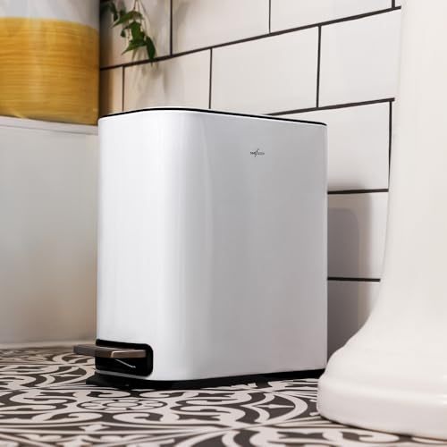 RED FACTOR Slim Small 1.3 Gallon Stainless Steel Pedal Trash Can with Soft Close Lid for Narrow Spaces – Wastebasket Bin with Removable Inner Bucket - color: Metallic White