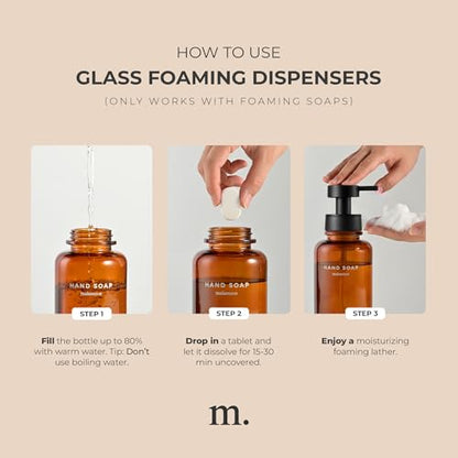 MaisoNovo Glass Foaming Soap Dispenser 14 Oz | Glass Bottles Pumps x 2 Amber - color: Amber Bottles/Black Plastic Pumps