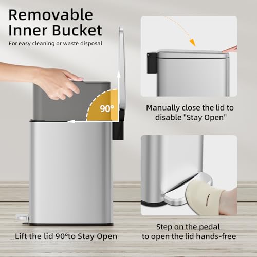 KUK Slim Bathroom Trash Can with Lid, 1.6 Gal / 6L Stainless Steel Small Garbage Bin with Detachable Inner Bucket, Step Pedal, Silent Close, Wastebasket for Toilet, Bedroom, Home, Office (Silver) - color: Silver