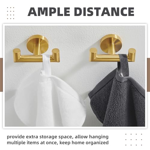 Brushed Gold Double Bathroom Robe Hooks, 2 Pack, Wall Mounted | Rustproof 304 Stainless Steel, Heavy-duty 11lbs Towel Hooks for Robes, Coats, Bags, Shower, Kitchen, Entryway Storage Hooks - color: Brushed Gold