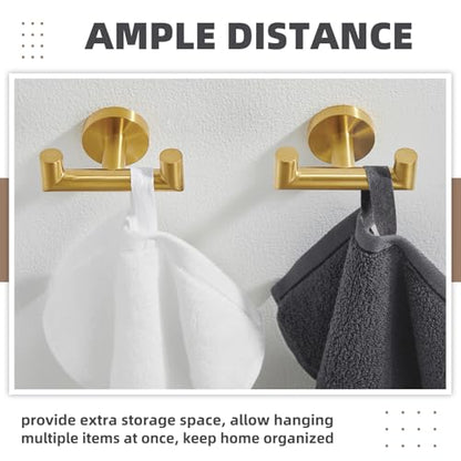 Brushed Gold Double Bathroom Robe Hooks, 2 Pack, Wall Mounted | Rustproof 304 Stainless Steel, Heavy-duty 11lbs Towel Hooks for Robes, Coats, Bags, Shower, Kitchen, Entryway Storage Hooks - color: Brushed Gold