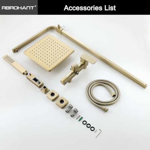 RBROHANT Brushed Gold Exposed Shower System with Tub Spout, Exposed Shower Fixtures for Bathroom with Brass 3-Functional Valve, Shower Height Adjustable, Wall Mounted - color: Brushed Gold