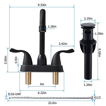 2 Handle Black Bathroom Sink Faucet - 4 Inch Centerset Faucet Bathroom 2 or 3 Hole Lavatory Faucet Bathroom Vanity Sink Faucets with Pop-up Drain and Supply Lines Matte Black - color: Black