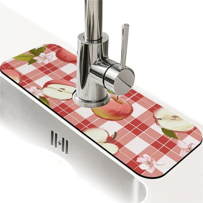 Kitchen Sink Splash Guard，Apple-on a checkered Faucet Mat Sink Gadgets-Super Absorbent Fast Drying Mat Drip Catcher for Kitchen, Bathroom,Sink Mat, Dish Drying Mat, Bathroom(15" X 5.5" ) - color: Apple-on a checkered