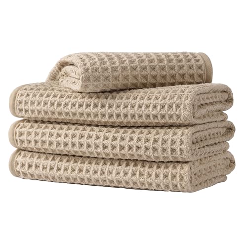 Microfiber Waffle Face Towels, 4 Pieces, Soft, Absorbent, Fast Drying, Lint Free 430 GSM (Beige) - color: Beige