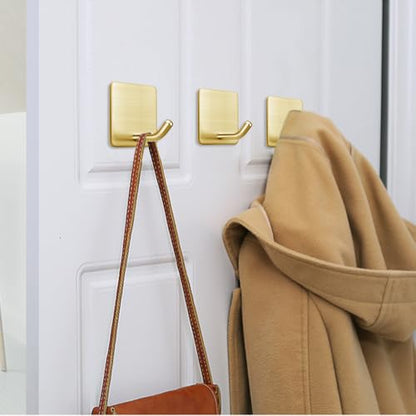 Golden Stainless Steel Square Self Adhesive Hooks - Extra-Long Anti-Slip with Upgraded Adhesive, Holds 15lb Heavy Duty Wall Hooks for Kitchen, Bathroom, Garage -4 Packs - color: Gold