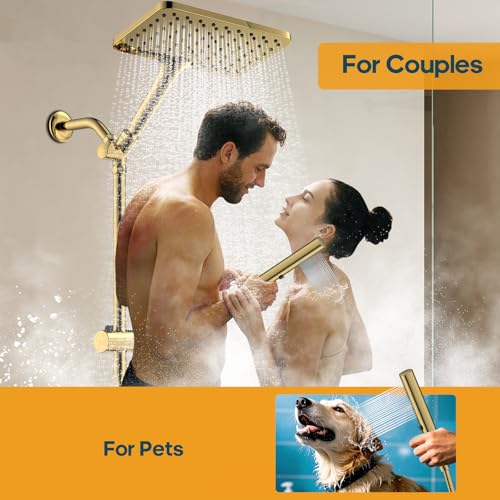 High Pressure Rain Shower Head with Handheld Combo, 10 Inch Square Rainfall Showerhead, Adjustable Slide Bar Dual Shower System, 3 Spray Modes, 59" Stainless Steel Hose, Gold - color: Gold, style: Basic
