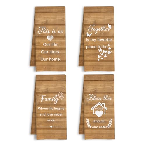 Rustic Housewarming Kitchen Towels, Homeowner Hostess Household Gifts Dish Tea Towels, Bless This Home and All Who Enter Decorative Hand Towel for Bathroom Kitchen, 16x24 Inch Set of 4 - color: Rustic Home Blessing