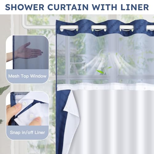 FADOTY Blue No Hook Shower Curtain Set with Snap in Liner, 71'' x 86'' | Bathroom Hotel Fabric Curtain, Waterproof Washable Liner, See Through Top Window, Ringless Chevron Tufted Cloth Curtain - color: Blue, size: 71"W x 86"L (Pack of 1)
