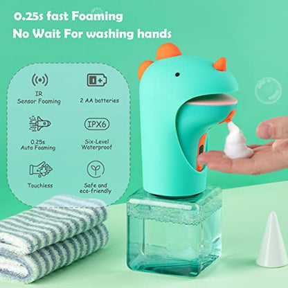Seawah Automatic Soap Dispenser for Kids,IPX6 Waterproof Cute Dinosaur Foam Smart Hand Foaming Touchless Soap Dispenser for Bathroom Countertop, 8.7oz/250ML - color: Green