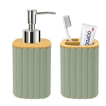 Bathroom Accessories Set, Sage Green Soap Dispenser and Toothbrush Holder | Bamboo Bathroom Sets Accessories, Bathroom Set Striped - color: Sage Green