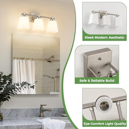 3-Light Modern Bathroom Vanity Light, Wall Sconce Over Mirror with Milky White Frosted Glass Shades, E26 Socket (Bulbs Not Included) - color: Brushed Nickel, size: 3-Light