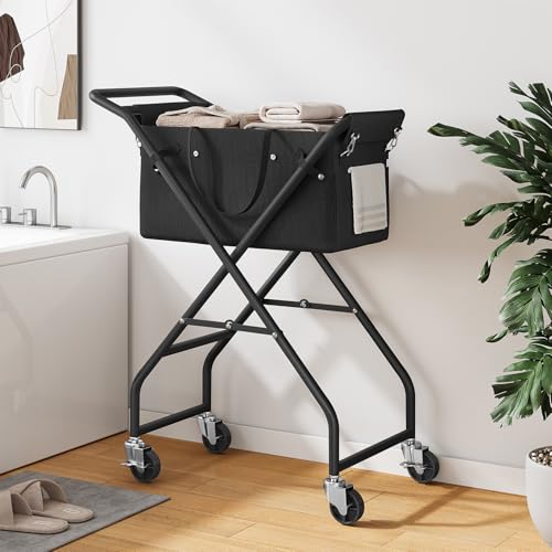 No-Bend Laundry Cart- Rolling Hamper with Locking Wheels & Handle, Foldable Basket Screw-Free Assembly, Durable Metal Frame & Removable Liner Bag for Bedroom & Bathroom (Black) - color: Black