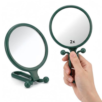 Magnifying Handheld Mirror Double Sided, Travel Makeup Hand Mirrors with 1X 2X Magnification, Small Hand/Desk Vanity Mirror (1Pc Dark Green) - color: 1pc Dark Green