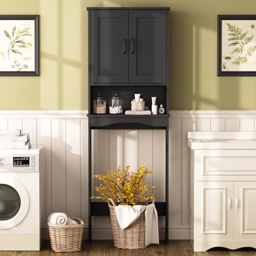 ROOMTEC Over The Toilet Storage Cabinet with Adjustable Shelf and Double Doors, Freestanding Bathroom Cabinet Organizer with Open Shelf, Home Space-Saving Toilet Rack for Restroom, Laundry, Black