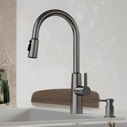 Karran Elmsworth Commercial Style Pull-Down Kitchen Faucet with Dual Interchangeable Spray Heads 5-Function Revolve MAX & 3-Function Revolve Mini Aerator High-Arc Spout (Spot Free Gunmetal Grey) - color: Spot Free Gunmetal Grey