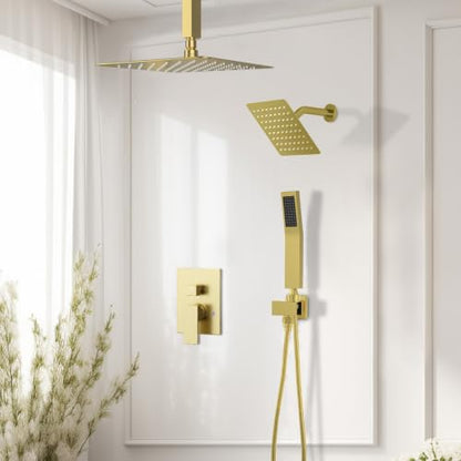 STARBATH Shower Faucet Set Shower System with Diverter Valve, Brushed Gold | 12 Inch Ceiling Mount Rain Shower Head, 6 Inch Wall Mount Rainfall Shower Head and Handheld Spray for Two Person - color: Gold, size: 12"+6"-02