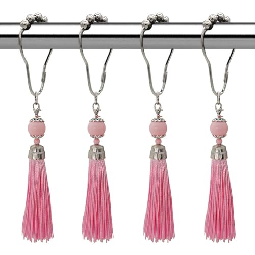 Boho Shower Curtain Hooks Set of 12 for Bathroom, Rustproof Stainless Steel Shower Curtain Rings with Pink Tassel Decorative, Curtain Hanger Clips for Home Bathroom, Bedroom, Baby Room Decor (Pink) - color: Pink