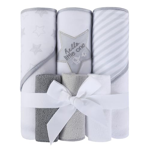Softan Baby Hooded Towels and Washcloths Set 6 Pack, 28x28 Ultra Soft & Absorbent Baby Bath Towels for Newborn Infant Toddler, Unisex Boys Girls (Grey Star) - color: Gray Star
