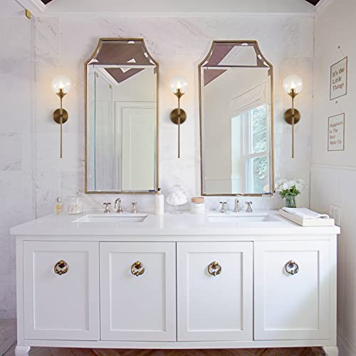 KCO 2 Pack Mid Century Modern Brass Gold Clear Glass Globe Wall Sconce | Reversible Up/ Down Mount, Long Rod Wall Lamp, Hardwired E26 Vanity Wall Light Fixture for Bedroom Bathroom Hallway Stairwell - color: Clear