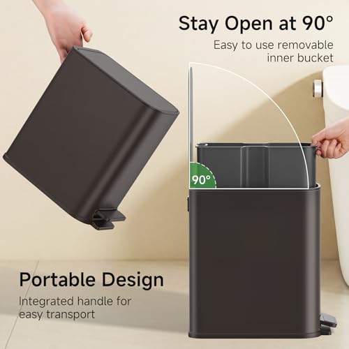 TIPGO Small Bathroom Trash Can with Lid Soft Close, Step Pedal, 1.3 Gallon / 5 Liter Stainless Steel Slim Garbage Can for Office, Diaper Waste Basket with Removable Inner Bucket (Brown) - color: Brown