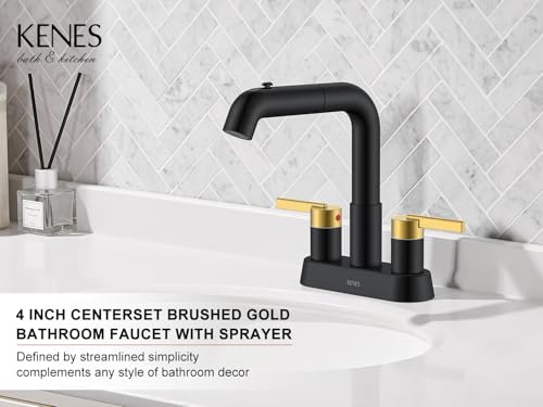 Black and Gold Pull Down Centerset Bathroom Faucet 3 Hole 2 Handle | Pull Out Bathroom Faucet with Pop Up Drain & Supply Lines, Lead-Free cUPC & NSF Certified, 4 Inch Faucet for Vanity RV Sink - color: Black & Gold