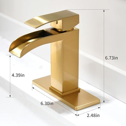 Waterfall Bathroom Faucet Gold - Single Handle Sink Faucets Bathroom 1 Hole Or 3 Hole for 4In | Modern Solid Vanity Faucet with Deck Plate & Overflow Pop Up Drain Brushed Gold - color: A-Brushed Gold