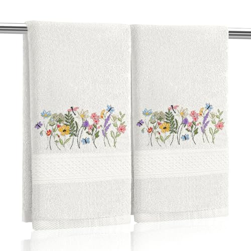 SmoothNovelty 2 Pcs Boho Floral Hand Towels Cream Bathroom Decor 14x29 Inch Embroidered 100% Cotton Soft Absorbent Spring Summer Decorative Hand Towels for Bathroom Kitchen - style: Boho Floral