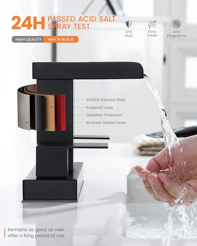 Waterfall Bathroom Faucet 2 or 3 Holes, Matte Black Bathroom Sink Faucet, 4 Inch Centerset Faucets, 2 Handles Waterfall Vanity Faucets, Pop Up Drain Assembly Included - color: Matte Black