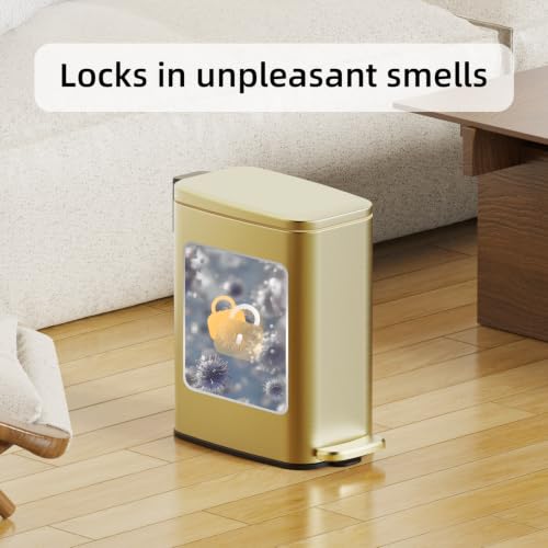 KSSKSS Small Bathroom Trash Can with Lid Soft Close, Step Pedal, 6L / 1.6 Gal Stainless Steel Garbage Bin with Removable Inner Bucket, Slim Wastebasket for Narrow Spaces (Gold) - color: Gold-p