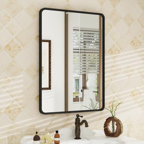 OKPAL 20X28 Inch Matte Black Bathroom Mirror for Wall, Black Metal Frame Vanity Mirror, Black Rounded Rectangle Mirror for Bedroom, Anti-Rust, Wall Mounted (Horizontal/Vertical) - color: Matte Black, size: 28"L x 20"W