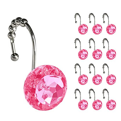 Sunlit Luxury Design Round Hot Pink Diamond Crystal Gem Bling with Glide Balls Shower Curtain Hooks, Rust Proof Metal Rhinestones Glam Shower Curtain Rings-12 Pack - color: Hot Pink