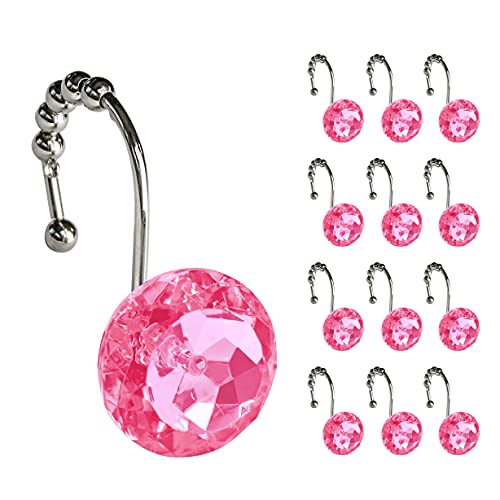 Sunlit Luxury Design Round Hot Pink Diamond Crystal Gem Bling with Glide Balls Shower Curtain Hooks, Rust Proof Metal Rhinestones Glam Shower Curtain Rings-12 Pack - color: Hot Pink