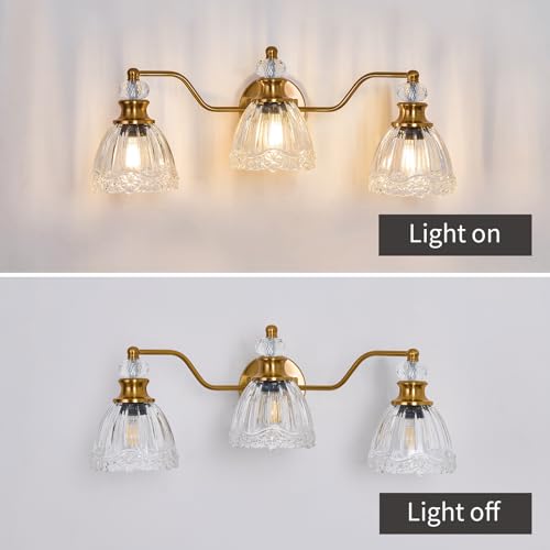 ASGYISA Lyfeesis Gold Bathroom Light Fixtures Over Mirror Vintage Brass Vanity Light 3 Light Crystal Glass Shade Matte Antique Brass Finish