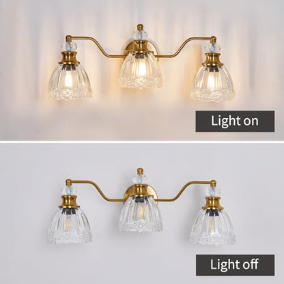 ASGYISA Lyfeesis Gold Bathroom Light Fixtures Over Mirror Vintage Brass Vanity Light 3 Light Crystal Glass Shade Matte Antique Brass Finish