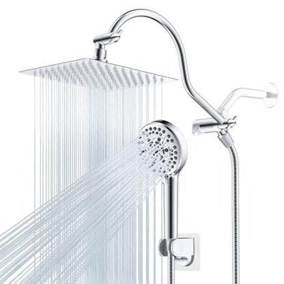 Hibbent All Metal CUPC Certified Shower Head, 8'' High Pressure Rainfall Shower Head, Handheld Showerhead Combo, 12'' Adjustable Extension Arm, 10 Sprays, 71'' Shower Hose, Showerhead Holder, Chrome - color: Chrome, style: Square 8''