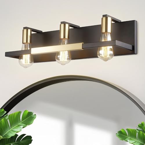 Hamilyeah Rustic Bathroom Light Fixtures Over Mirror, Matte Black and Gold Vanity Lights for Bathroom, 3 Light Vintage Wall Lighting Fixtures,Industrial Kitchen Wall Mounted Lighting