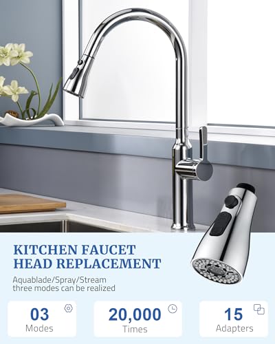 Metal Kitchen Faucet Head Replacement, 3-Mode Sprayer Head with 15 Adapters | Stainless Steel, Pull Down Sink Faucet Head, Stream/Spray/Blade, Compatible with Moen/Delta/Kohler, Easy Installation, Chrome - color: Chrome